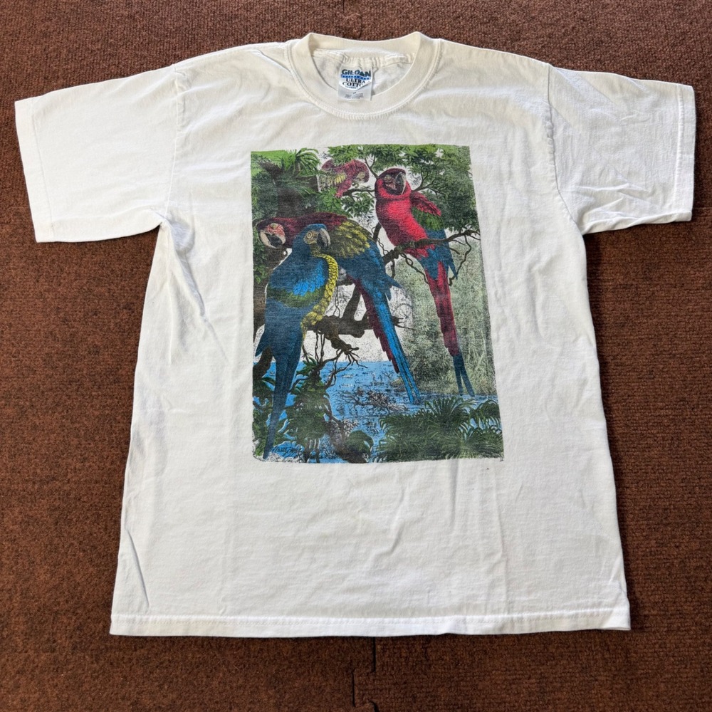 Gildan Silver Springs Wildlife Parrot Graphic T-Shirt‎ White Medium Heavyweight